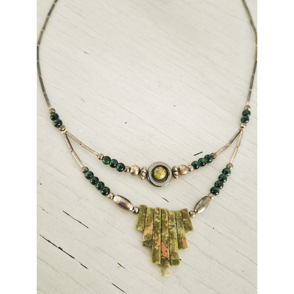 Vintage Southwest Green Pink Unakite Stone 18'' Necklace